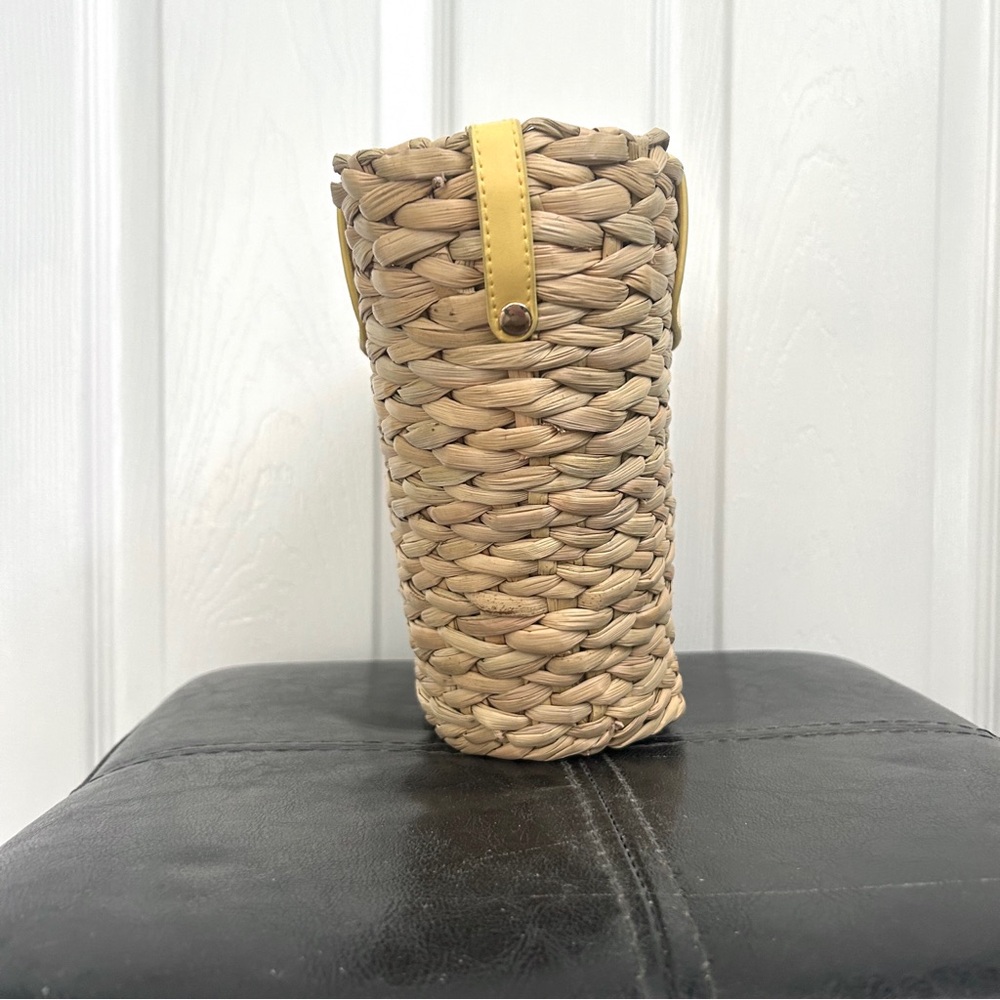 Yellow and Tan Straw Woven Bamboo Handle/Crossbody Bag - Picture 4 of 11